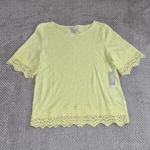Chico's Cotton Modal Top Womens 2 US Large Slub Lace Hem Tee Lime Knit Casual